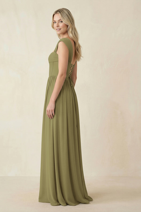 Cap Sleeve Corset A-Line Chiffon Bridesmaid Dress in Moss Green (3) | KISSBRIDAL