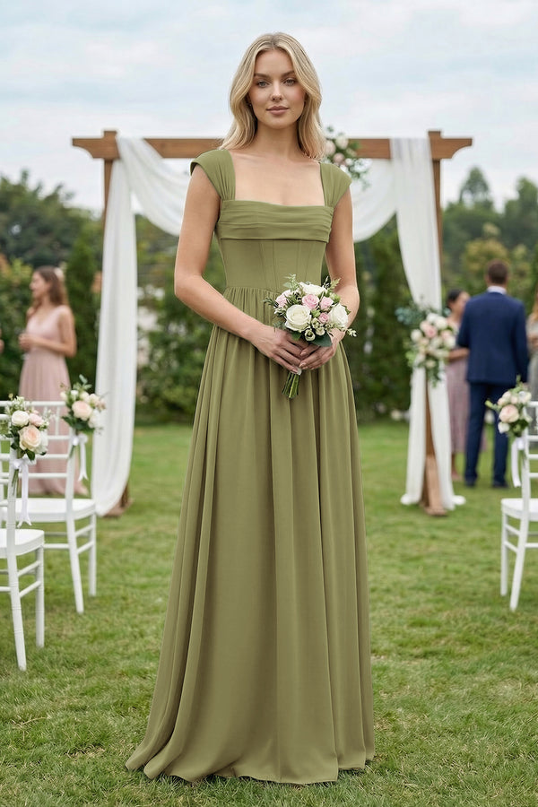 Cap Sleeve Corset A-Line Chiffon Bridesmaid Dress in Moss Green (4) | KISSBRIDAL