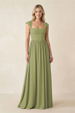 Cap Sleeve Corset A - Line Chiffon Bridesmaid Dress in Moss Green - SHE IS ME Bridesmaid Dresses