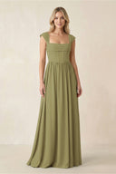 Cap Sleeve Corset A-Line Chiffon Bridesmaid Dress in Moss Green | KISSBRIDAL
