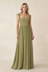 Cap Sleeve Corset A-Line Chiffon Bridesmaid Dress in Moss Green | KISSBRIDAL
