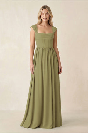 Cap Sleeve Corset A-Line Chiffon Bridesmaid Dress in Moss Green | KISSBRIDAL