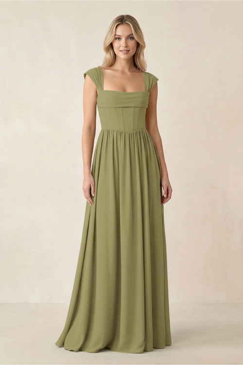 Cap Sleeve Corset A-Line Chiffon Bridesmaid Dress in Moss Green | KISSBRIDAL