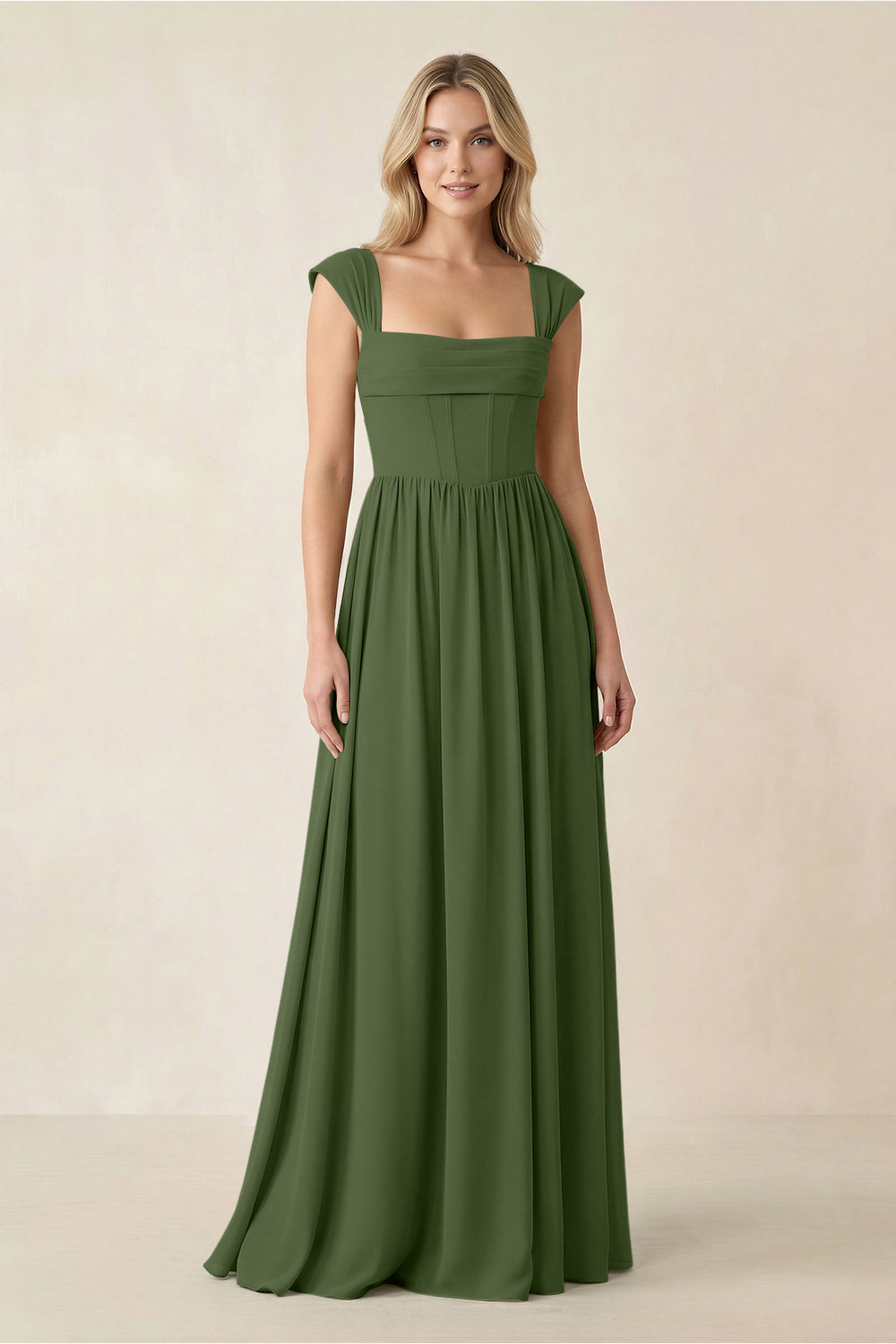 Cap Sleeve Corset A-Line Chiffon Bridesmaid Dress in Moss