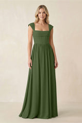 Cap Sleeve Corset A-Line Chiffon Bridesmaid Dress in Moss | KISSBRIDAL