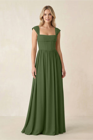Cap Sleeve Corset A-Line Chiffon Bridesmaid Dress in Moss | KISSBRIDAL