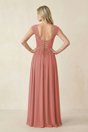 Cap Sleeve Corset A-Line Chiffon Bridesmaid Dress in Mulberry (2) | KISSBRIDAL