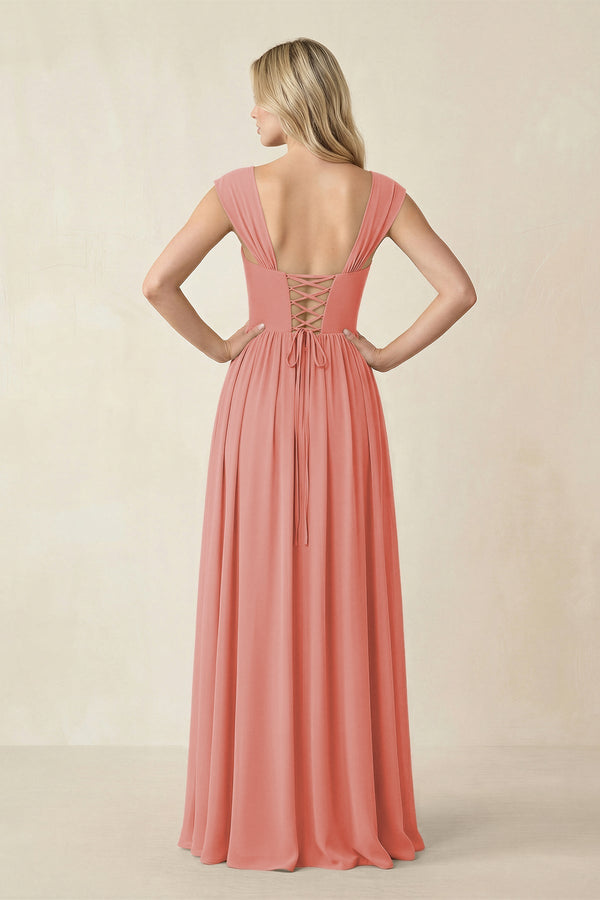 Cap Sleeve Corset A - Line Chiffon Bridesmaid Dress in Mulberry - SHE IS ME Bridesmaid Dresses