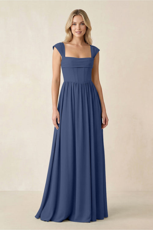 Cap Sleeve Corset A - Line Chiffon Bridesmaid Dress in Navy - SHE IS ME Bridesmaid Dresses