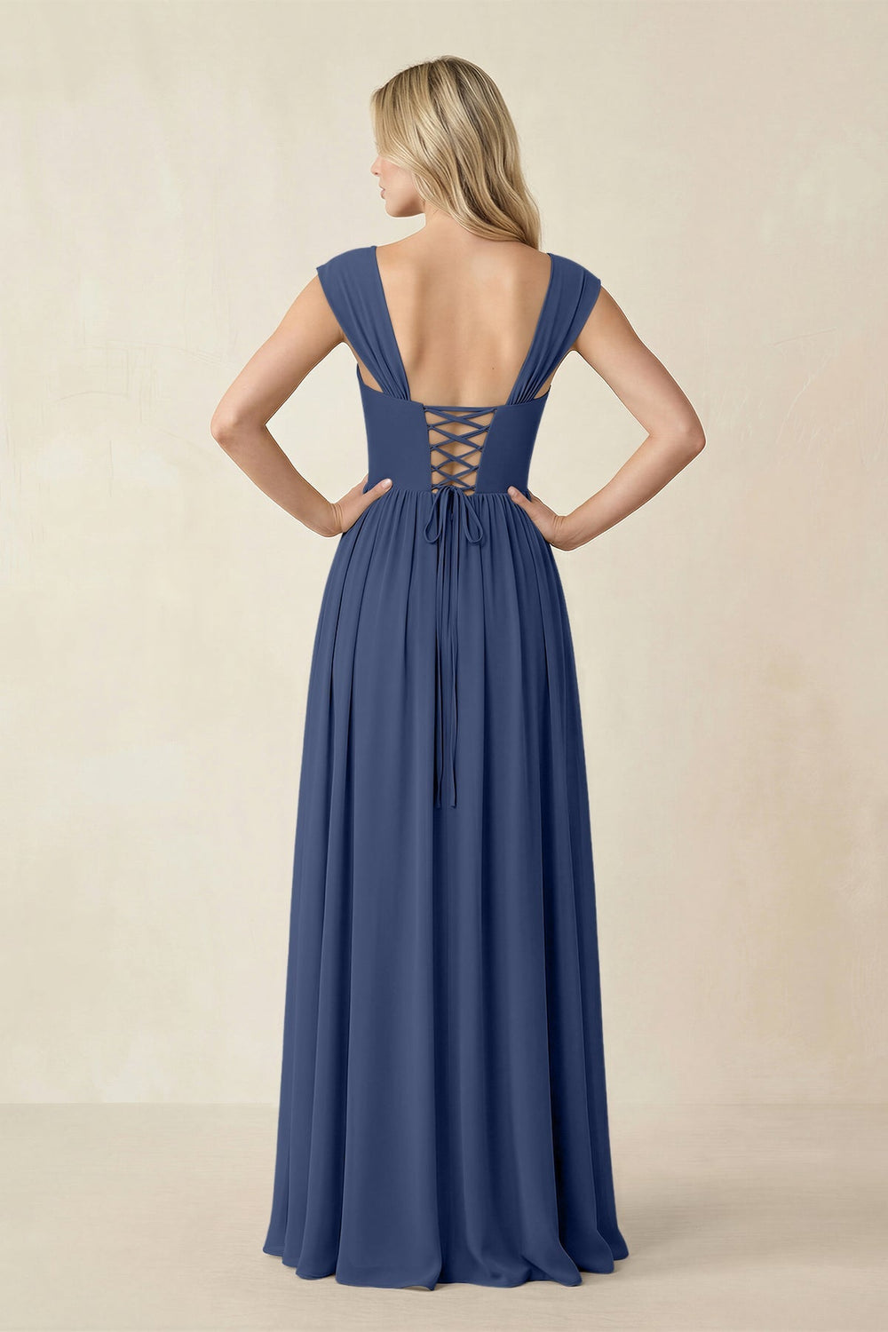 Cap Sleeve Corset A - Line Chiffon Bridesmaid Dress in Navy - KISS BRIDAL Bridesmaid Dresses