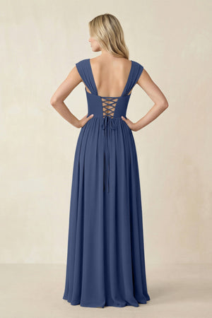 Cap Sleeve Corset A - Line Chiffon Bridesmaid Dress in Navy - SHE IS ME Bridesmaid Dresses