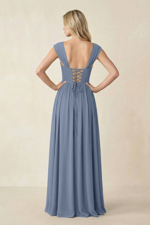 Cap Sleeve Corset A - Line Chiffon Bridesmaid Dress in Neptune - SHE IS ME Bridesmaid Dresses