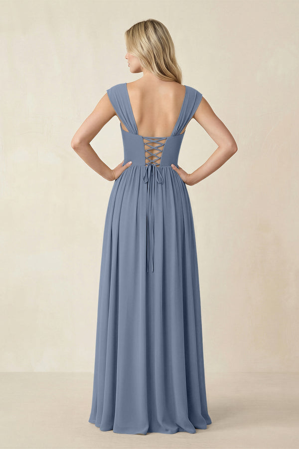 Cap Sleeve Corset A - Line Chiffon Bridesmaid Dress in Neptune - SHE IS ME Bridesmaid Dresses