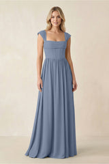 Cap Sleeve Corset A - Line Chiffon Bridesmaid Dress in Neptune - KISS BRIDAL Bridesmaid Dresses