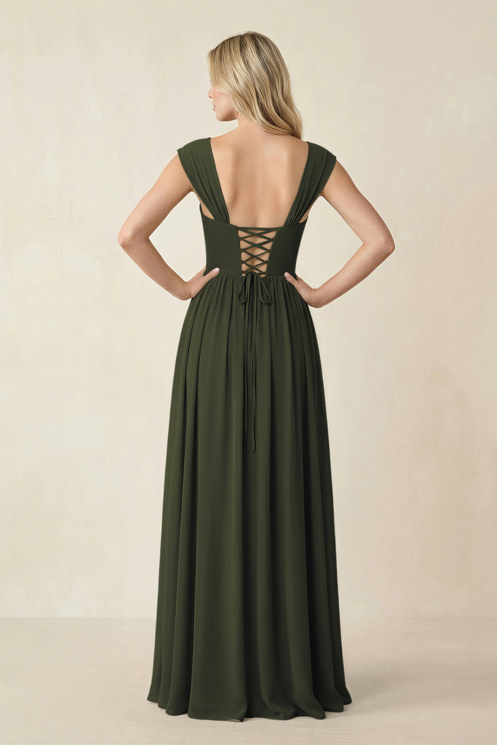 Cap Sleeve Corset A-Line Chiffon Bridesmaid Dress in Olive