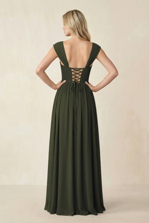 Cap Sleeve Corset A-Line Chiffon Bridesmaid Dress in Olive (2) | KISSBRIDAL