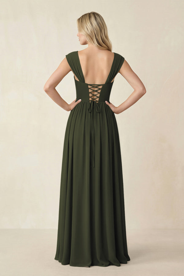Cap Sleeve Corset A-Line Chiffon Bridesmaid Dress in Olive (2) | KISSBRIDAL