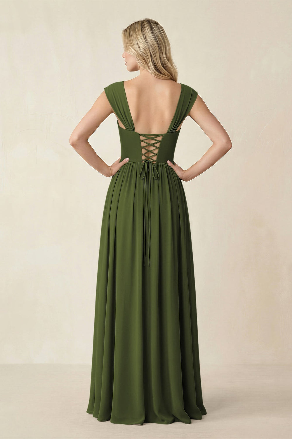 Cap Sleeve Corset A - Line Chiffon Bridesmaid Dress in Olive - KISS BRIDAL Bridesmaid Dresses