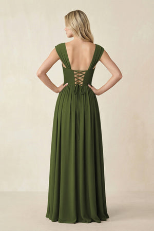 Cap Sleeve Corset A - Line Chiffon Bridesmaid Dress in Olive - SHE IS ME Bridesmaid Dresses