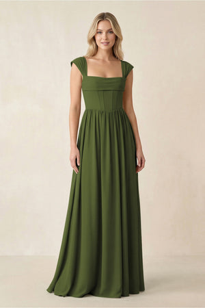 Cap Sleeve Corset A - Line Chiffon Bridesmaid Dress in Olive - SHE IS ME Bridesmaid Dresses
