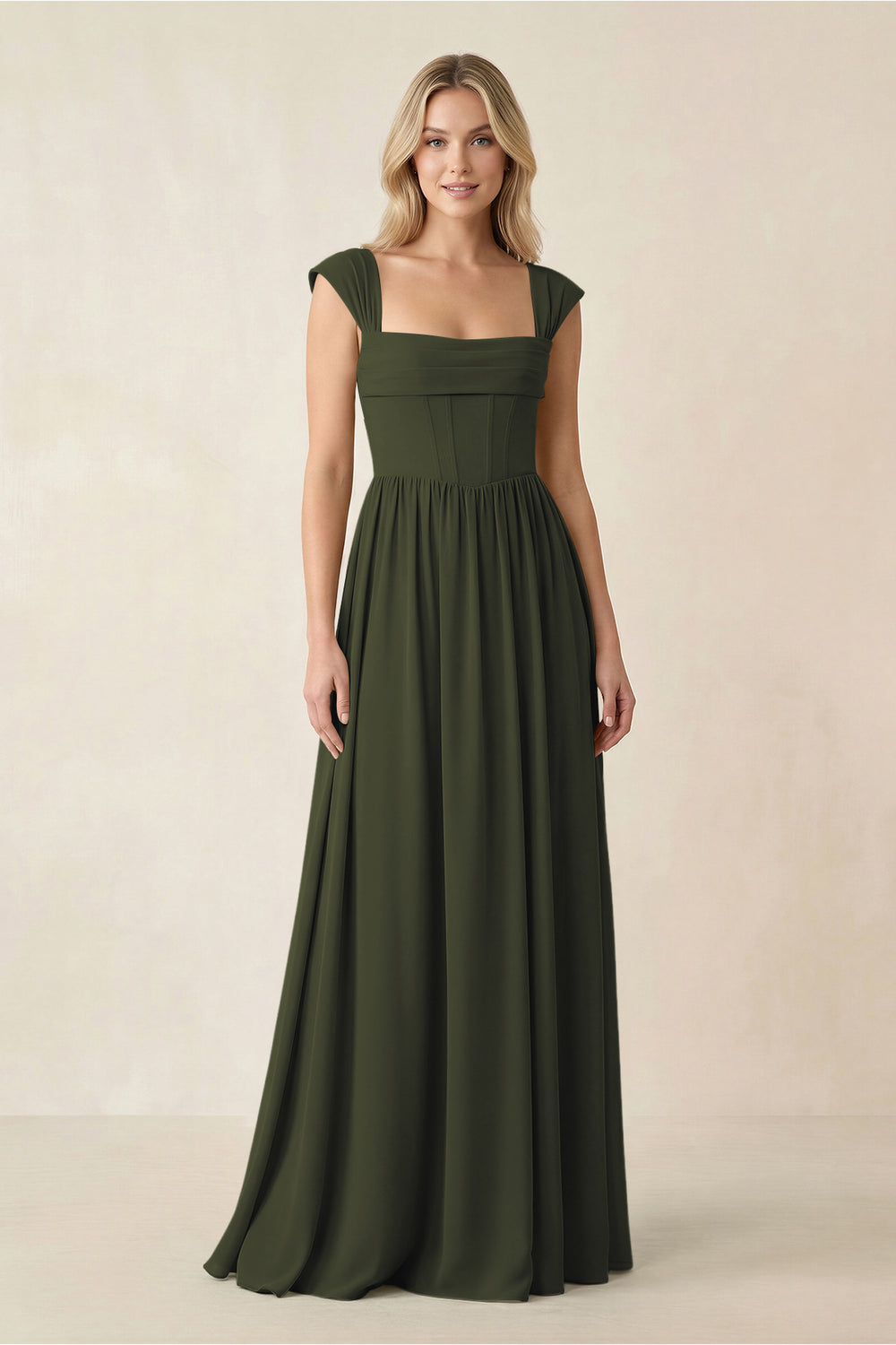 Cap Sleeve Corset A-Line Chiffon Bridesmaid Dress in Olive