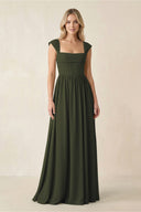 Cap Sleeve Corset A-Line Chiffon Bridesmaid Dress in Olive | KISSBRIDAL