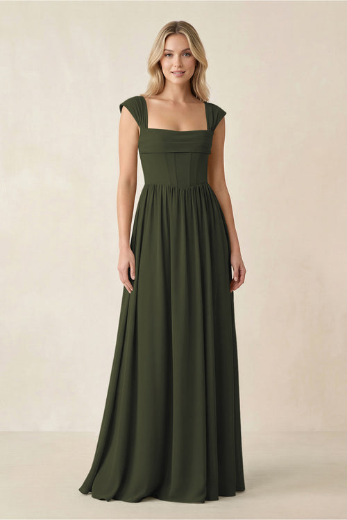 Cap Sleeve Corset A-Line Chiffon Bridesmaid Dress in Olive | KISSBRIDAL