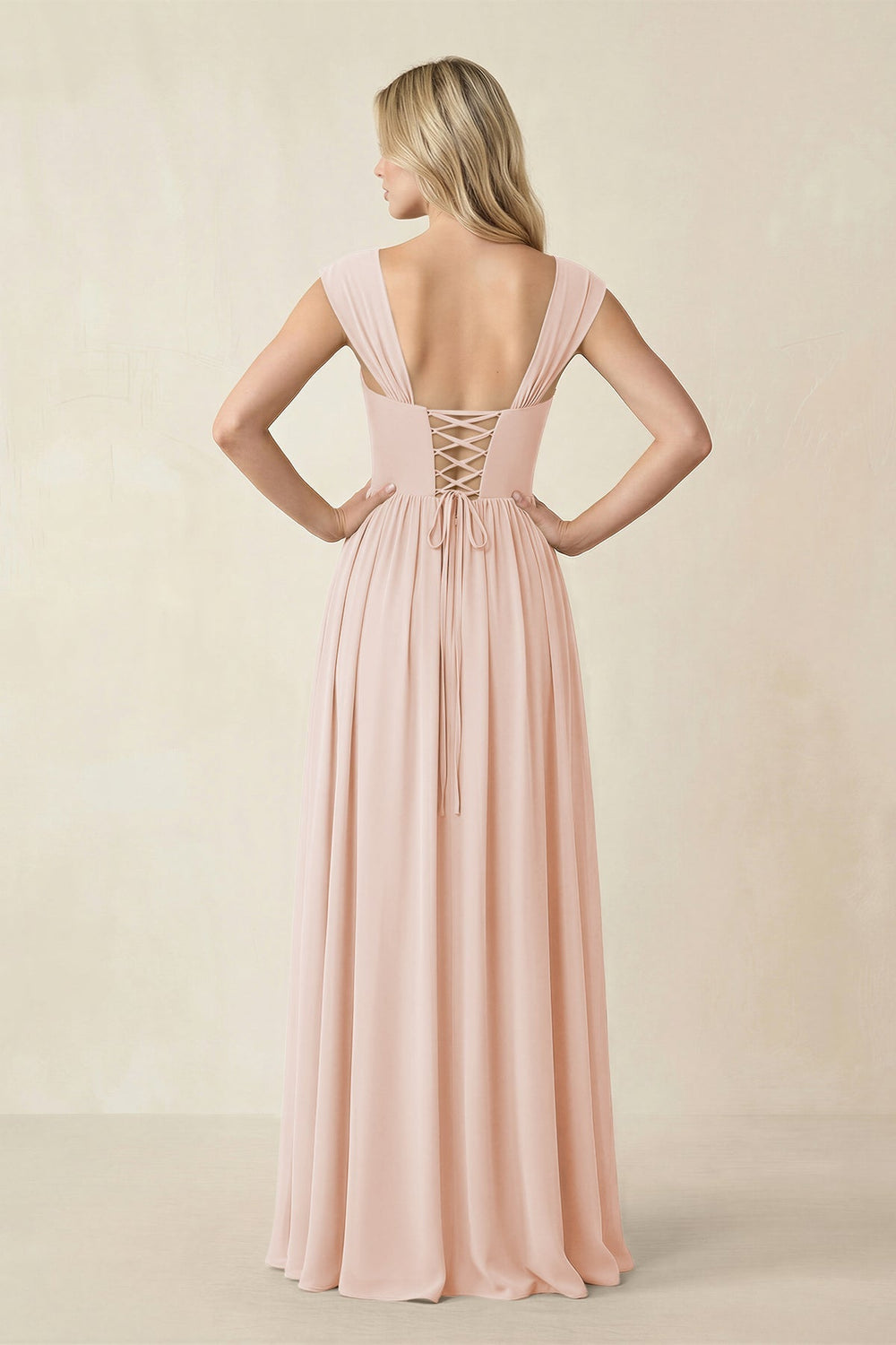Cap Sleeve Corset A - Line Chiffon Bridesmaid Dress in Pale Blush - KISS BRIDAL Bridesmaid Dresses