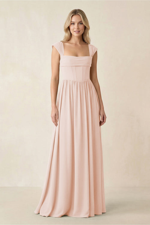 Cap Sleeve Corset A - Line Chiffon Bridesmaid Dress in Pale Blush - SHE IS ME Bridesmaid Dresses
