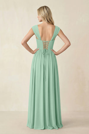 Cap Sleeve Corset A-Line Chiffon Bridesmaid Dress in Pale Pistachio (2) | KISSBRIDAL