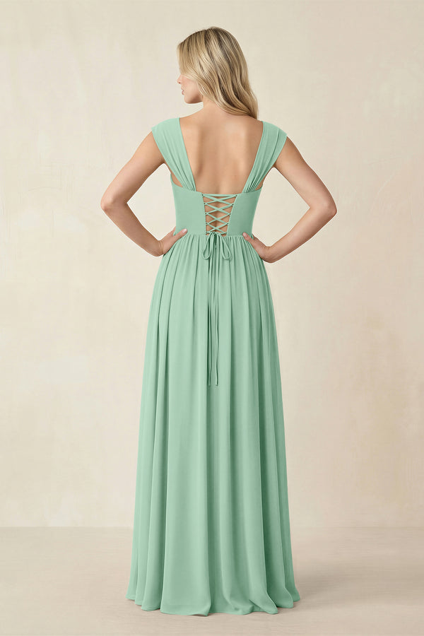 Cap Sleeve Corset A-Line Chiffon Bridesmaid Dress in Pale Pistachio (2) | KISSBRIDAL