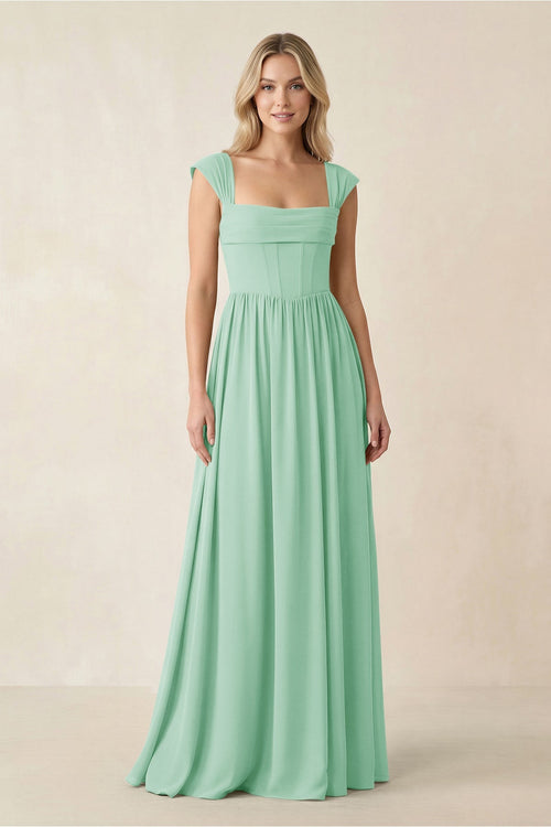 Cap Sleeve Corset A - Line Chiffon Bridesmaid Dress in Pale Pistachio - SHE IS ME Bridesmaid Dresses