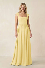 Cap Sleeve Corset A - Line Chiffon Bridesmaid Dress in Pastel Yellow - KISS BRIDAL Bridesmaid Dresses