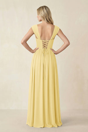 Cap Sleeve Corset A - Line Chiffon Bridesmaid Dress in Pastel Yellow - SHE IS ME Bridesmaid Dresses