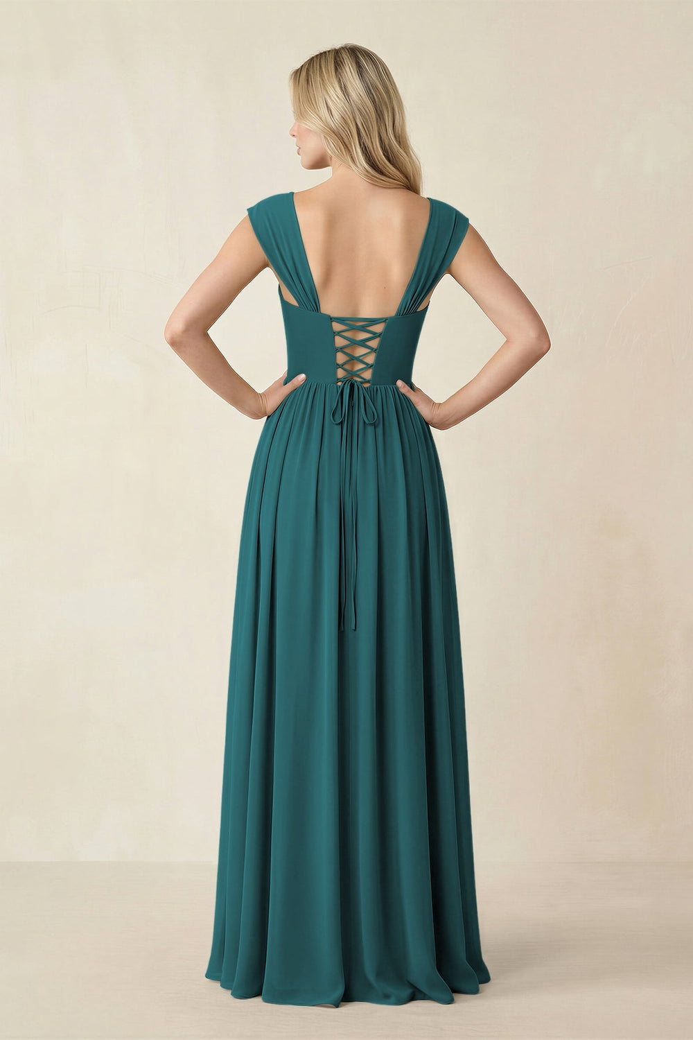 Cap Sleeve Corset A - Line Chiffon Bridesmaid Dress in Pine - KISS BRIDAL Bridesmaid Dresses
