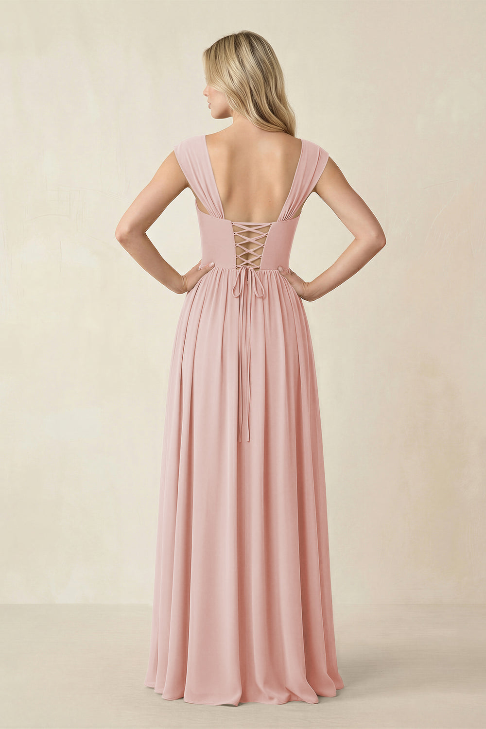 Cap Sleeve Corset A-Line Chiffon Bridesmaid Dress in Rose Petal