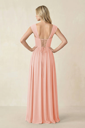 Cap Sleeve Corset A - Line Chiffon Bridesmaid Dress in Rose Petal - SHE IS ME Bridesmaid Dresses