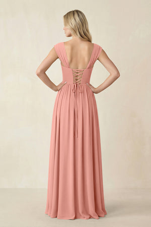 Cap Sleeve Corset A-Line Chiffon Bridesmaid Dress in Rosette (2) | KISSBRIDAL