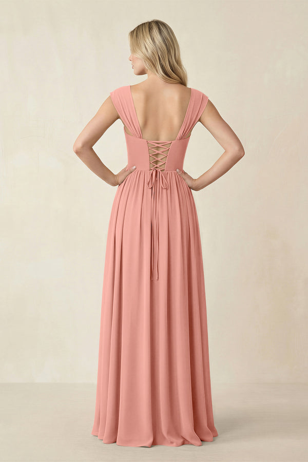 Cap Sleeve Corset A-Line Chiffon Bridesmaid Dress in Rosette (2) | KISSBRIDAL