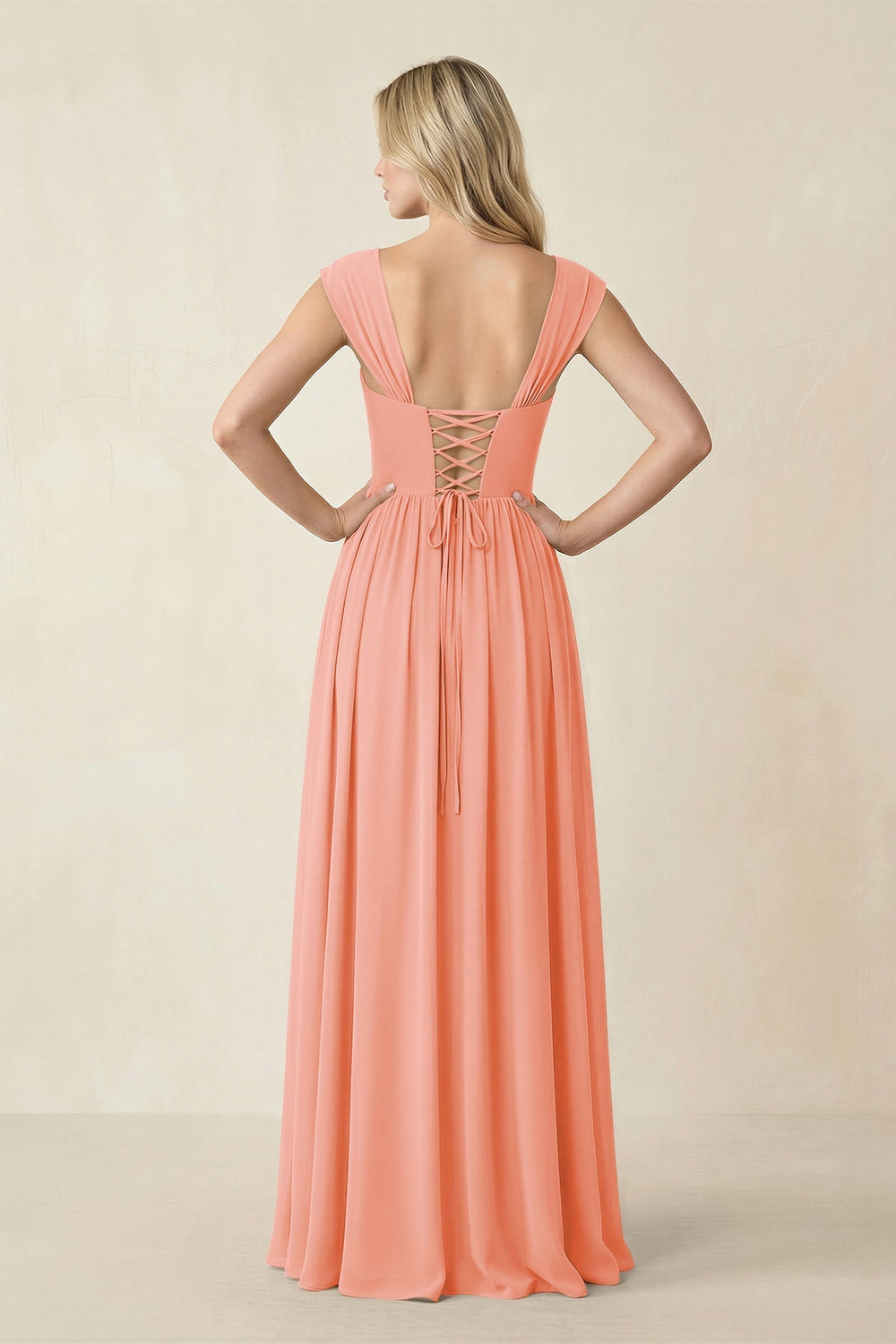 Cap Sleeve Corset A - Line Chiffon Bridesmaid Dress in Rosette - KISS BRIDAL Bridesmaid Dresses