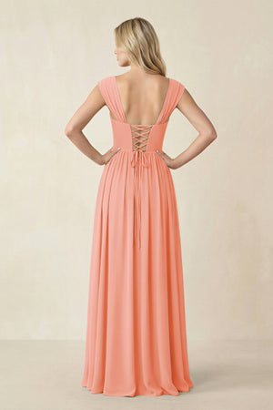 Cap Sleeve Corset A - Line Chiffon Bridesmaid Dress in Rosette - SHE IS ME Bridesmaid Dresses