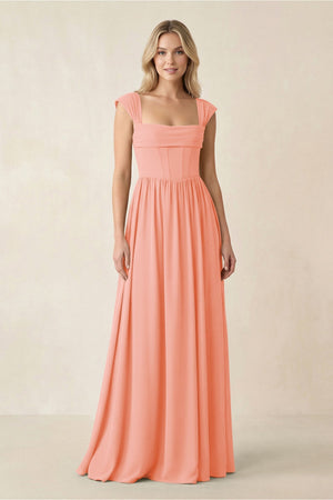 Cap Sleeve Corset A - Line Chiffon Bridesmaid Dress in Rosette - SHE IS ME Bridesmaid Dresses