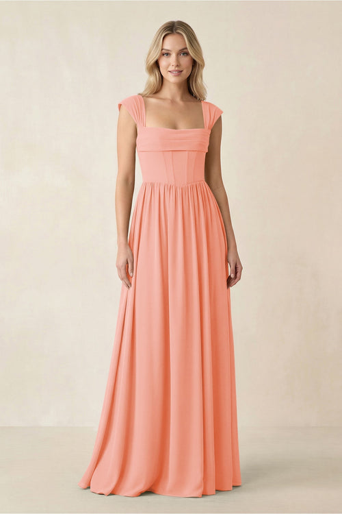 Cap Sleeve Corset A - Line Chiffon Bridesmaid Dress in Rosette - SHE IS ME Bridesmaid Dresses