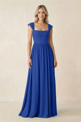 Cap Sleeve Corset A - Line Chiffon Bridesmaid Dress in Royal Blue - KISS BRIDAL Bridesmaid Dresses
