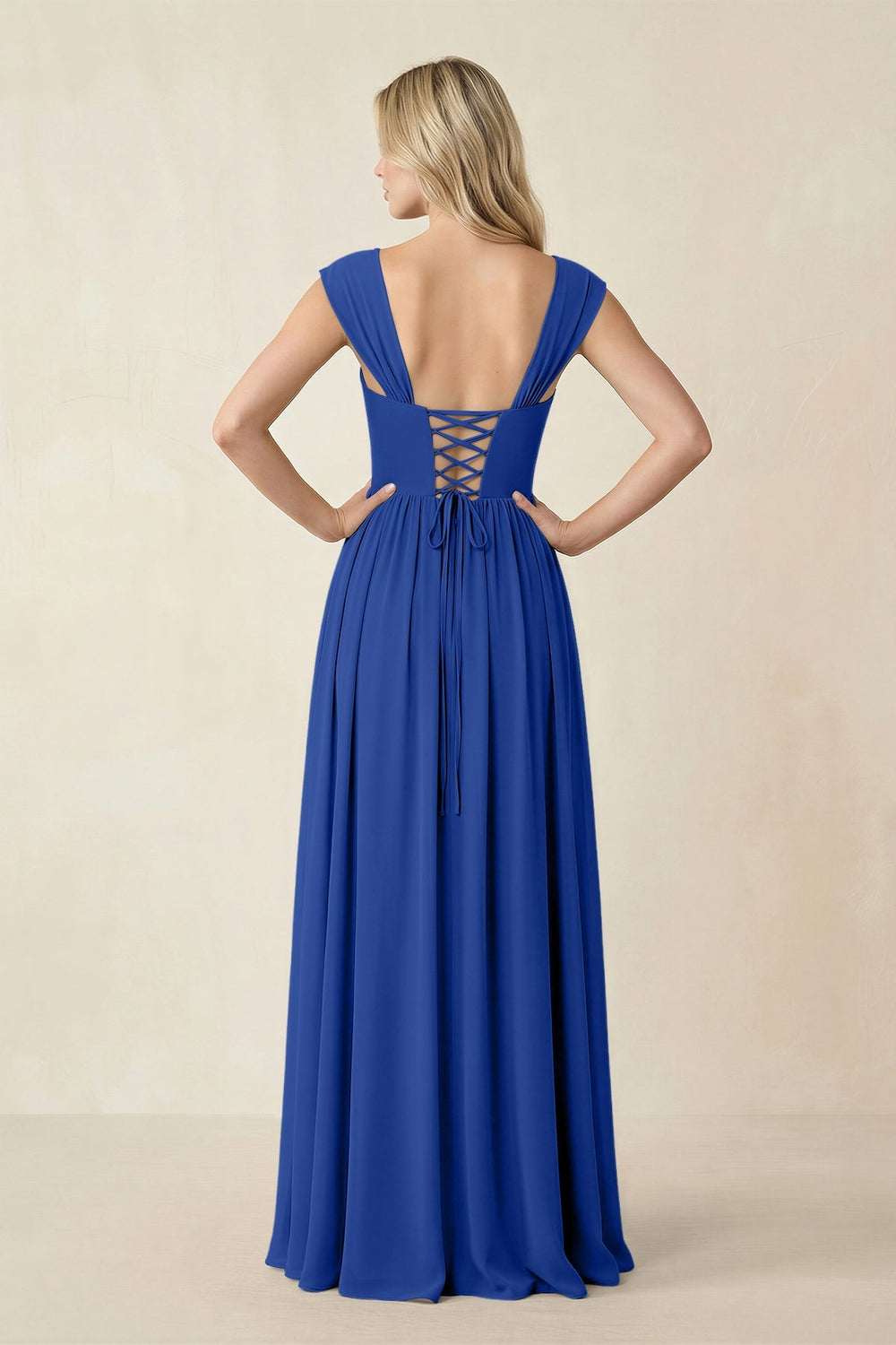 Cap Sleeve Corset A - Line Chiffon Bridesmaid Dress in Royal Blue - KISS BRIDAL Bridesmaid Dresses