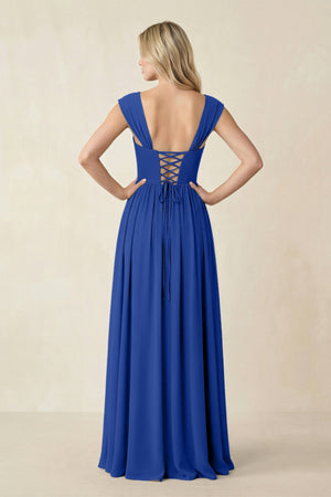 Cap Sleeve Corset A - Line Chiffon Bridesmaid Dress in Royal Blue - SHE IS ME Bridesmaid Dresses