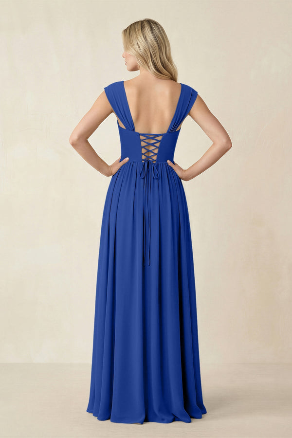 Cap Sleeve Corset A - Line Chiffon Bridesmaid Dress in Royal Blue - SHE IS ME Bridesmaid Dresses
