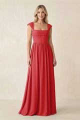 Cap Sleeve Corset A - Line Chiffon Bridesmaid Dress in Ruby Red - KISS BRIDAL Bridesmaid Dresses
