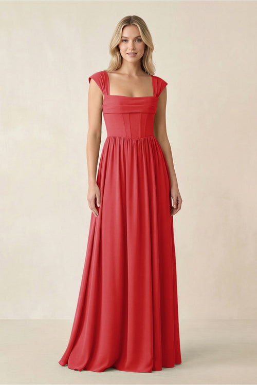 Cap Sleeve Corset A - Line Chiffon Bridesmaid Dress in Ruby Red - SHE IS ME Bridesmaid Dresses