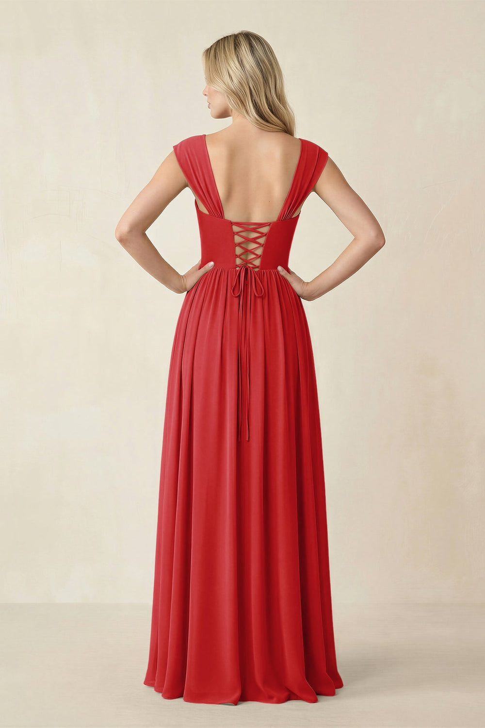 Cap Sleeve Corset A - Line Chiffon Bridesmaid Dress in Ruby Red - KISS BRIDAL Bridesmaid Dresses
